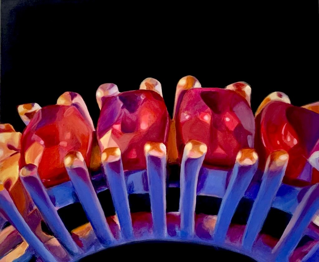 Oil painting with red, pink, blue and black paint. A closeup of a ring in bright light.